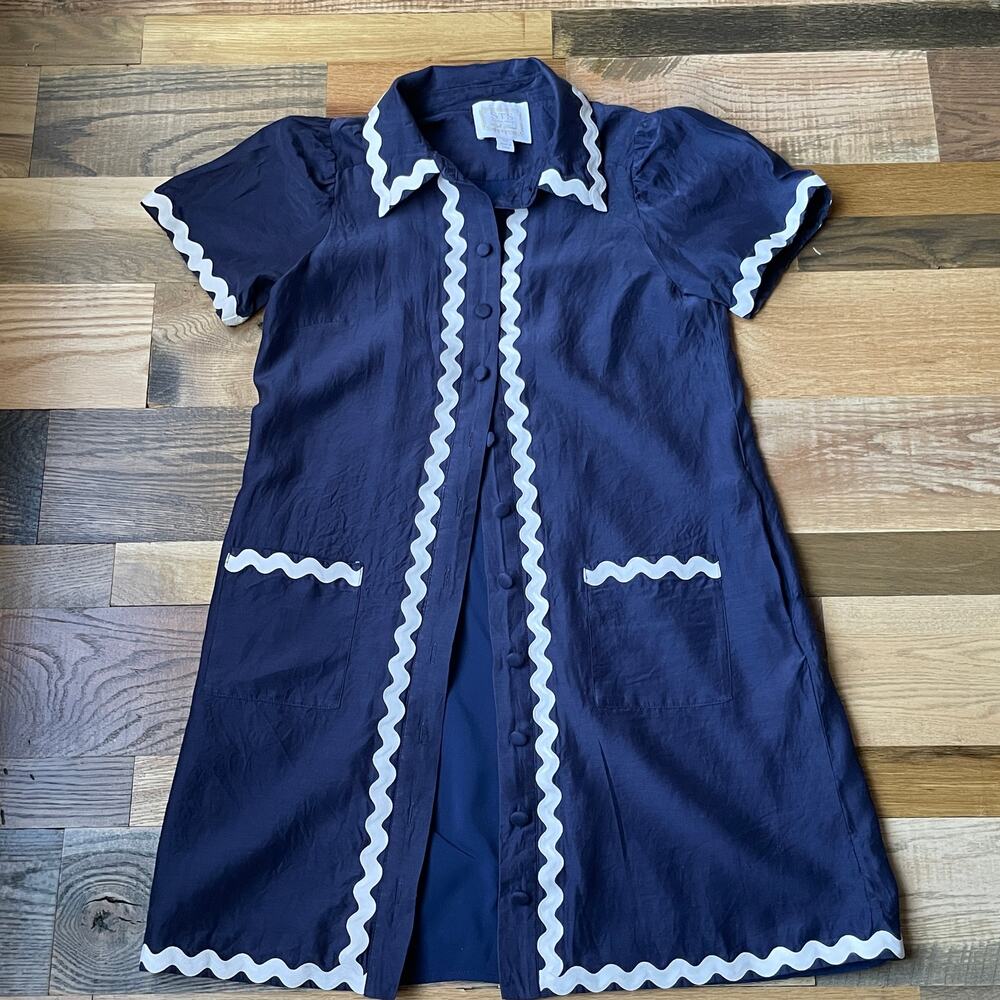 Sail to Sable x Style Charade XS Ella Ric Rac Shirt Dress Navy Silk Cotton